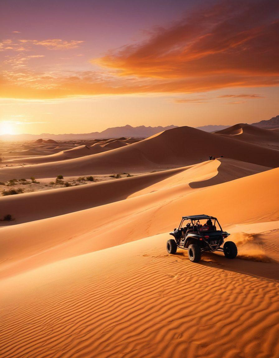A stunning desert landscape showcasing rolling sand dunes under a vibrant sunset sky, with silhouettes of people engaging in various outdoor activities such as dune buggies, sandboarding, and rock climbing. Incorporate elements of adventure gear like backpacks and binoculars scattered around. The scene should evoke a sense of thrill and exploration, highlighting the unique challenges of the desert environment. super-realistic. vibrant colors. expansive horizon.