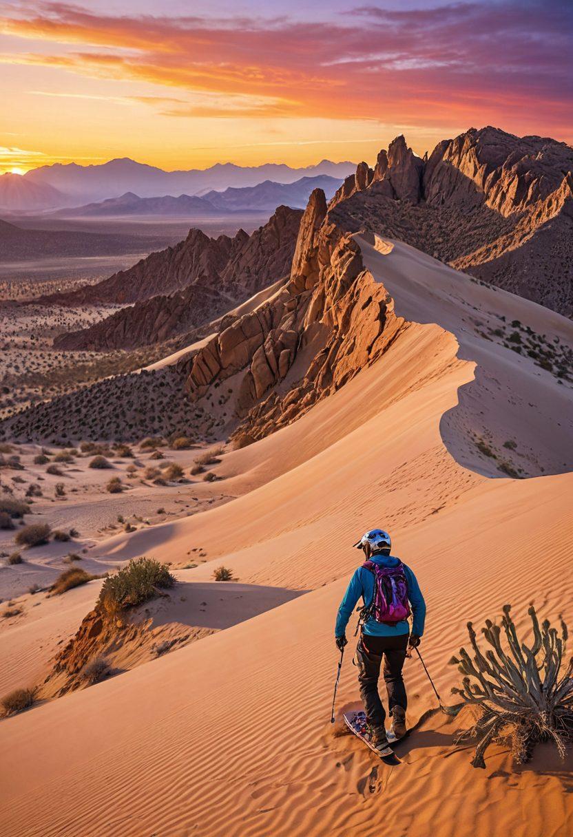 Depict a breathtaking desert landscape with vibrant sunsets casting warm hues over the sandy dunes. Showcase a diverse group of adventurers engaged in extreme sports such as sandboarding, off-roading, and rock climbing. Include elements like cacti and rugged mountains in the background for added depth. The overall scene should radiate excitement and adventure, inviting readers to dive into the thrill of extreme desert sports. super-realistic. vibrant colors. sunset lighting.