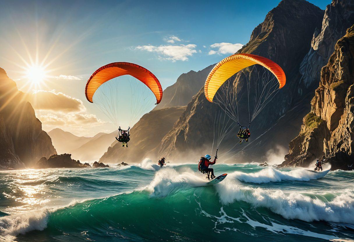 A dynamic scene depicting a diverse group of athletes engaged in extreme outdoor sports like paragliding, rock climbing, and surfing under a bright, sunny sky. Incorporate elements of nature—rugged mountains, crashing ocean waves, and open skies—to evoke a sense of adventure and freedom. The athletes should be in mid-action, showcasing vibrant colors of their gear against a stunning natural backdrop. Include a warm, golden sunlight effect for an energetic atmosphere. super-realistic. vibrant colors. outdoor adventure style.